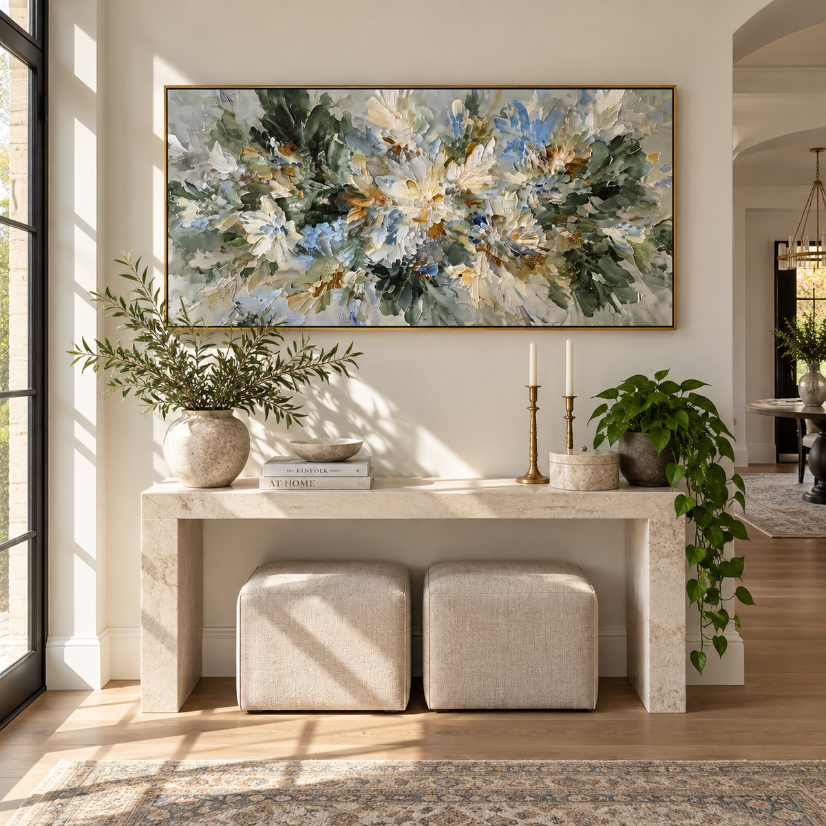 White Bloom Explodes horizontal painting displayed as a room focal point