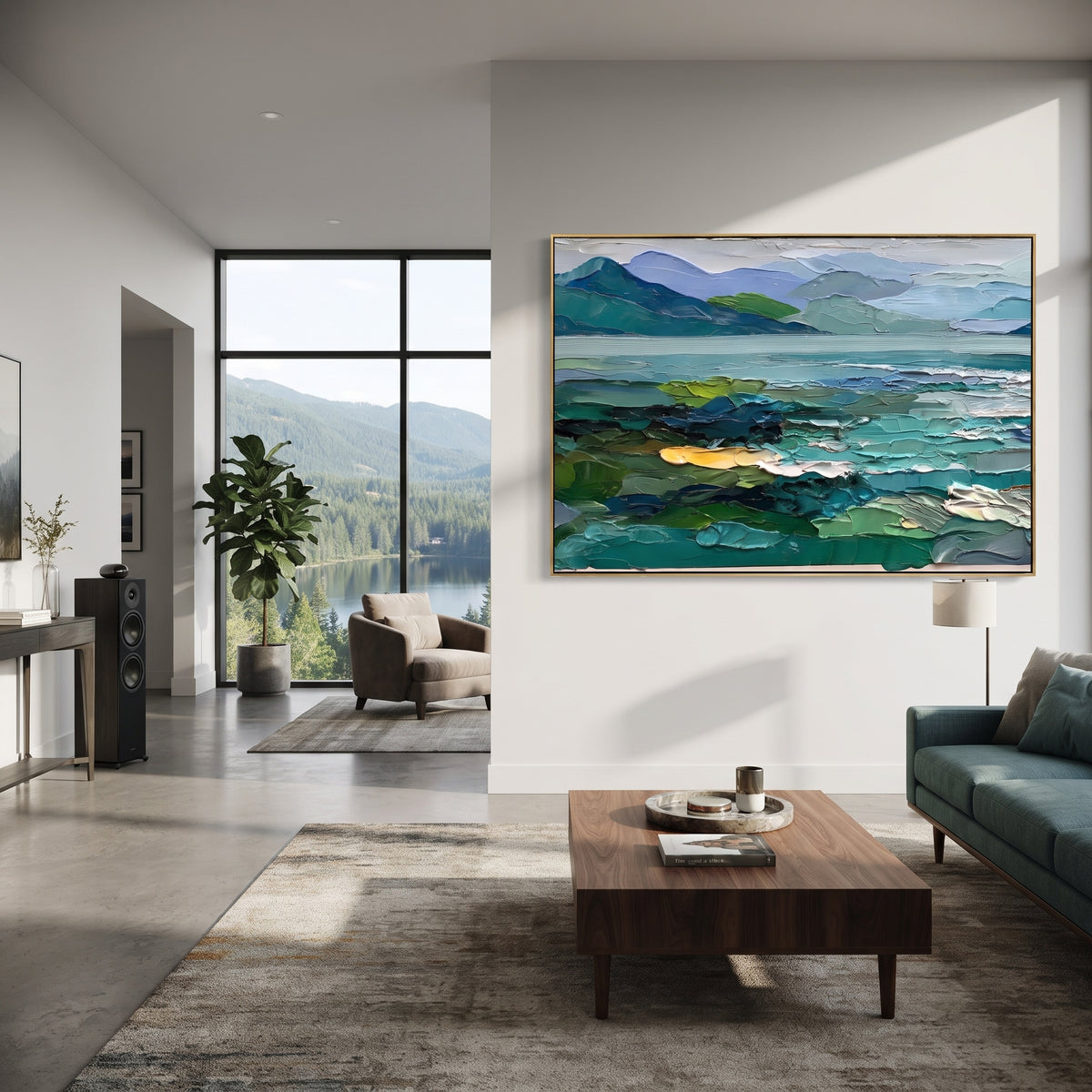 Lake Between Green Hills textured wall art shown in a contemporary room setting