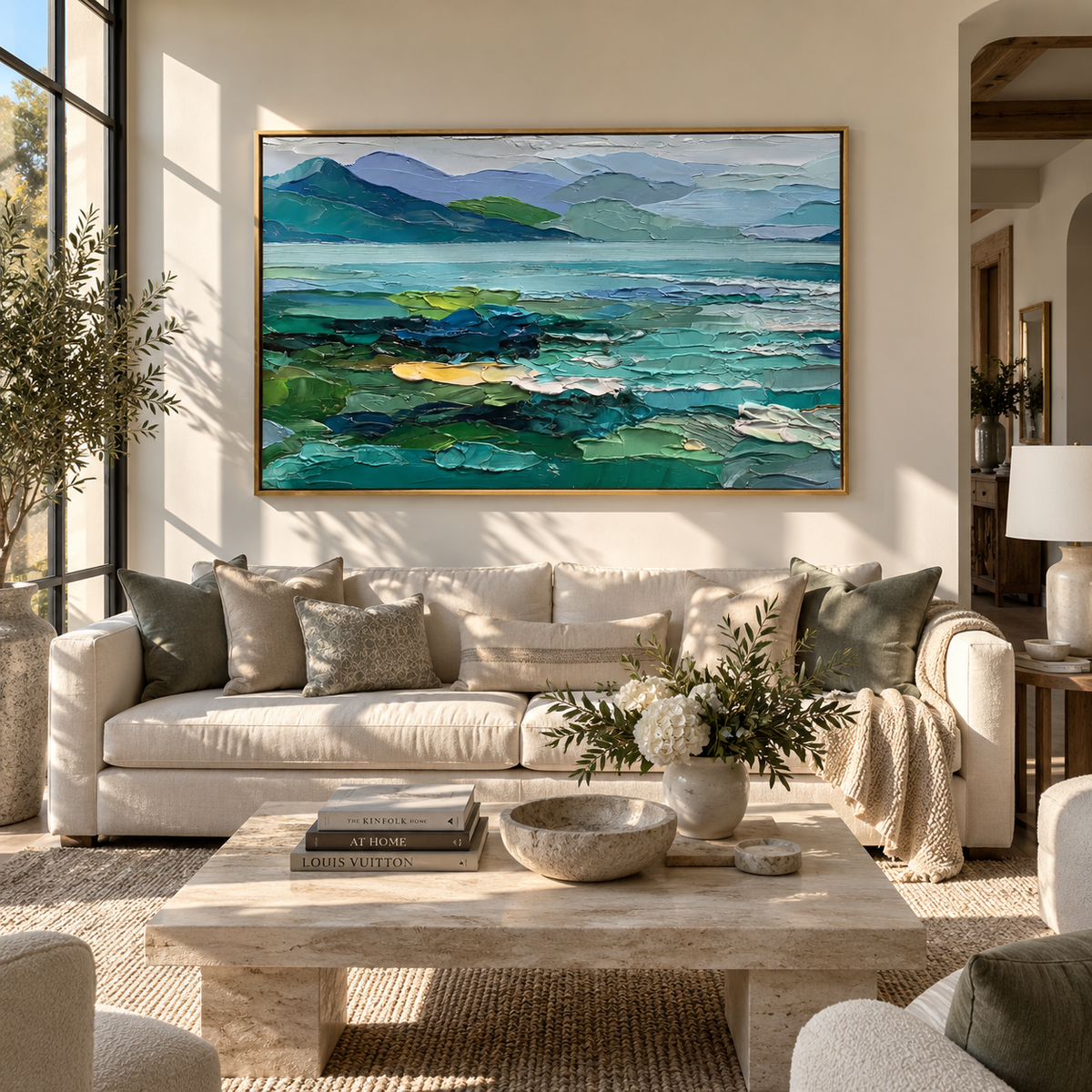 Lake Between Green Hills horizontal painting displayed as a room focal point