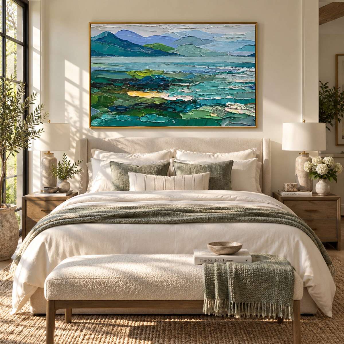 Lake Between Green Hills artwork shown with modern interior materials