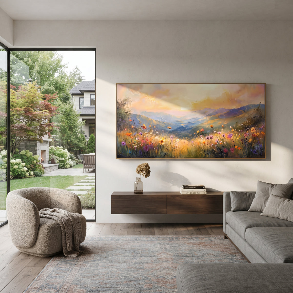 Dawn Over Flowered Valley horizontal painting displayed as a room focal point