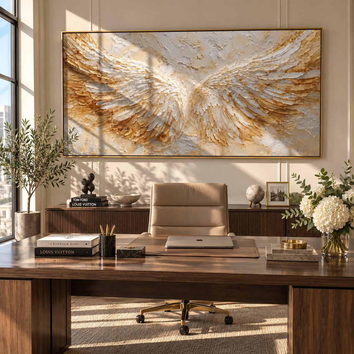 Wings Rise from Gold white gold wing relief painting displayed in a styled interior