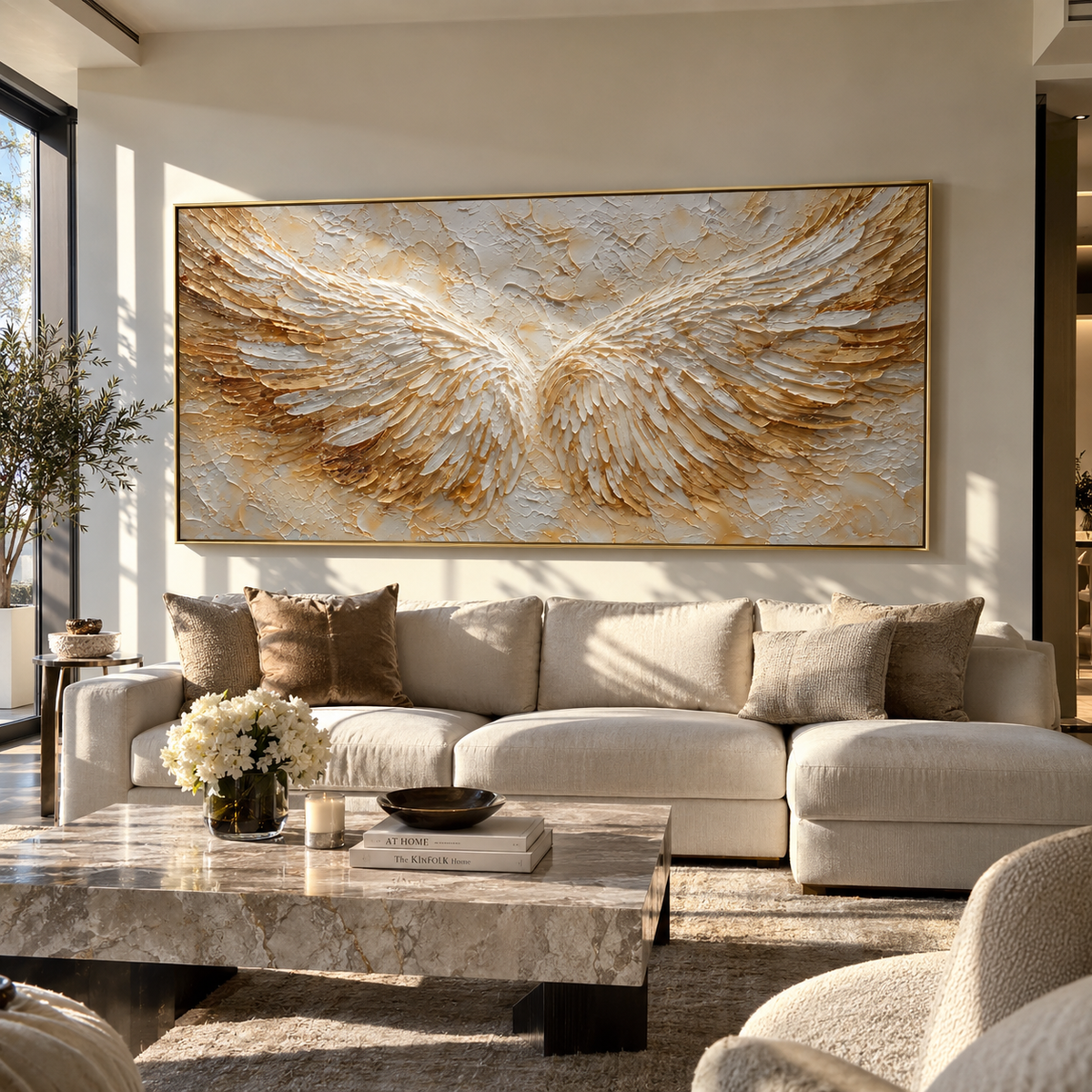 Wings Rise from Gold horizontal painting displayed as a room focal point