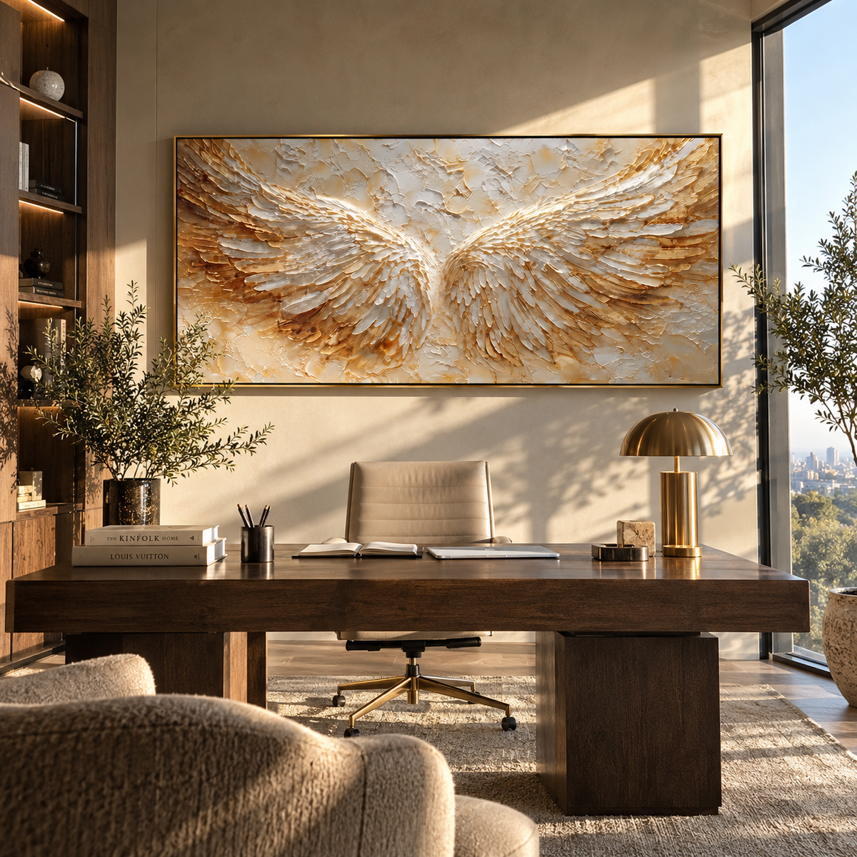 Wings Rise from Gold artwork shown with modern interior materials