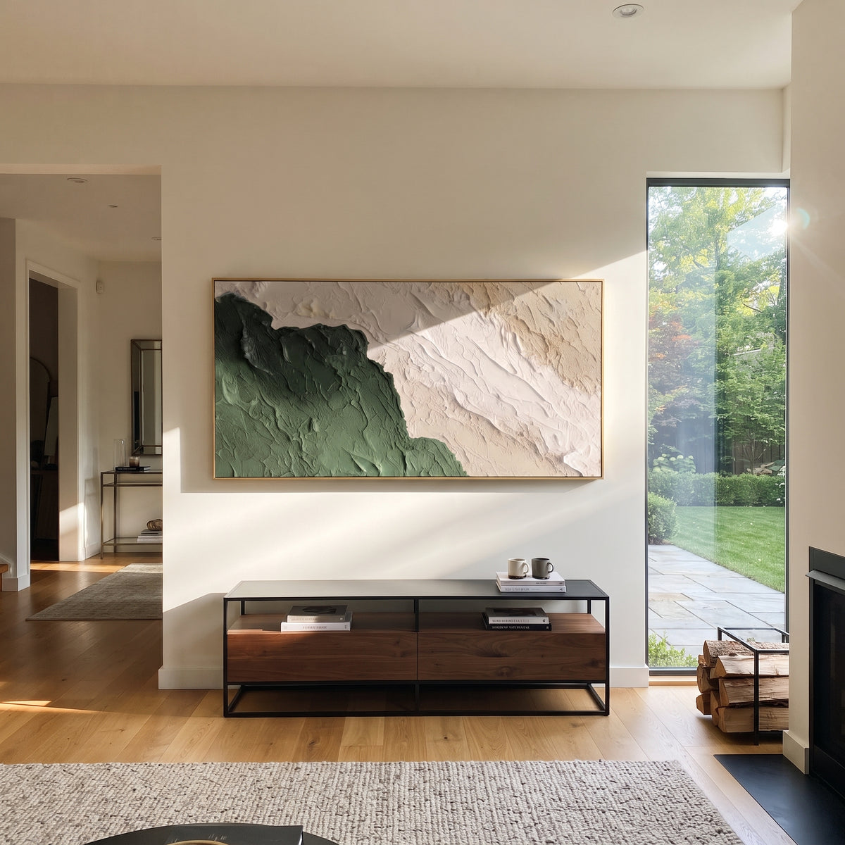 Forest Edge in Relief green white layered relief painting displayed in a styled interior