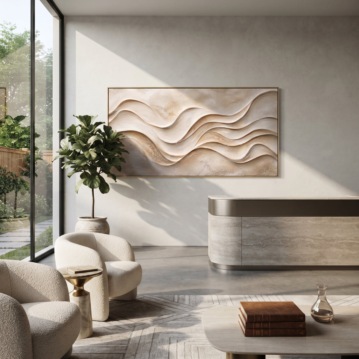 Sand Waves in Motion ivory beige layered wave painting displayed in a styled interior