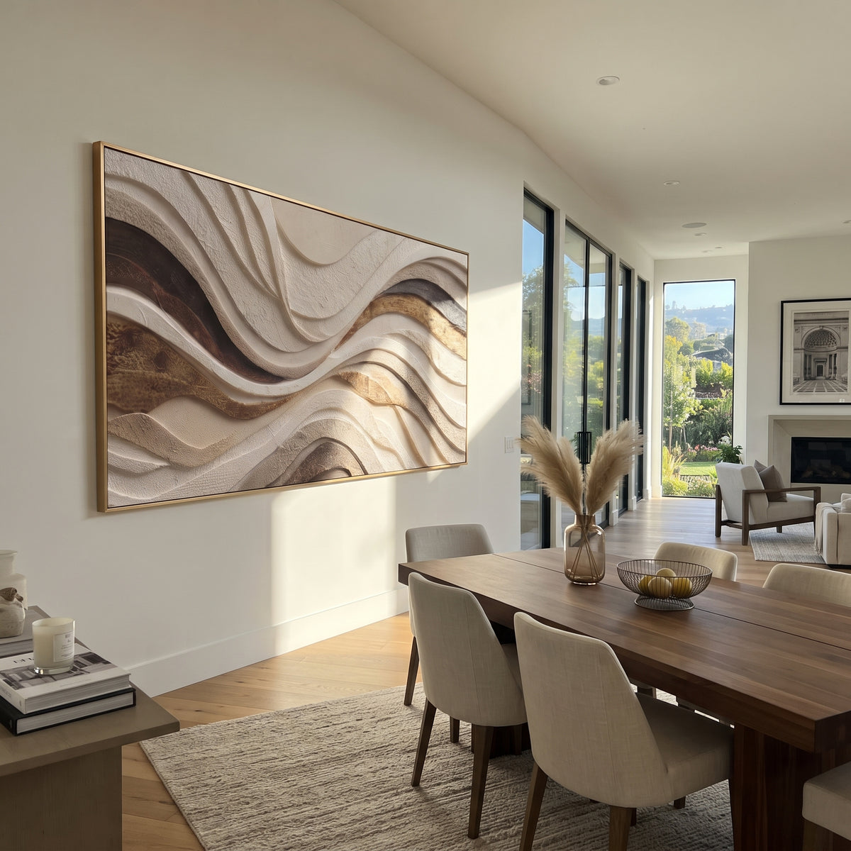 Stone Currents Interlace taupe brown layered wave painting displayed in a styled interior