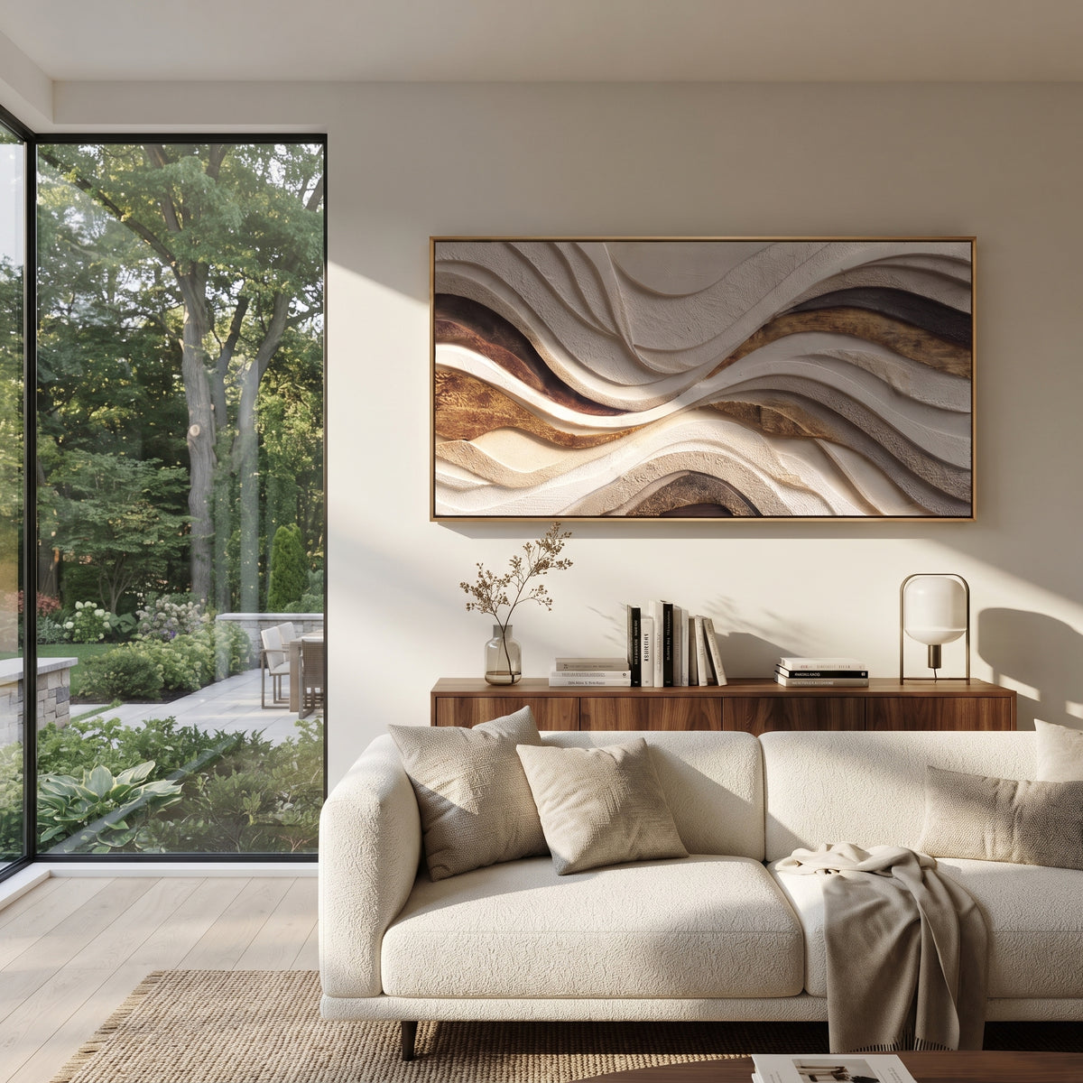 Stone Currents Interlace horizontal painting displayed as a room focal point