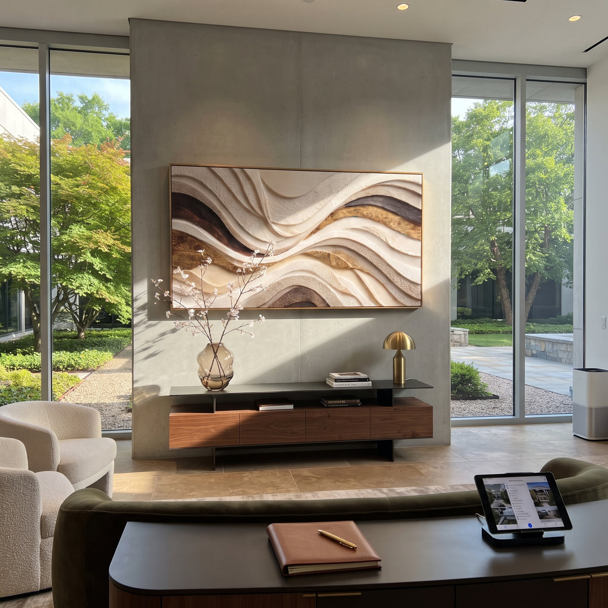 Stone Currents Interlace artwork shown with modern interior materials