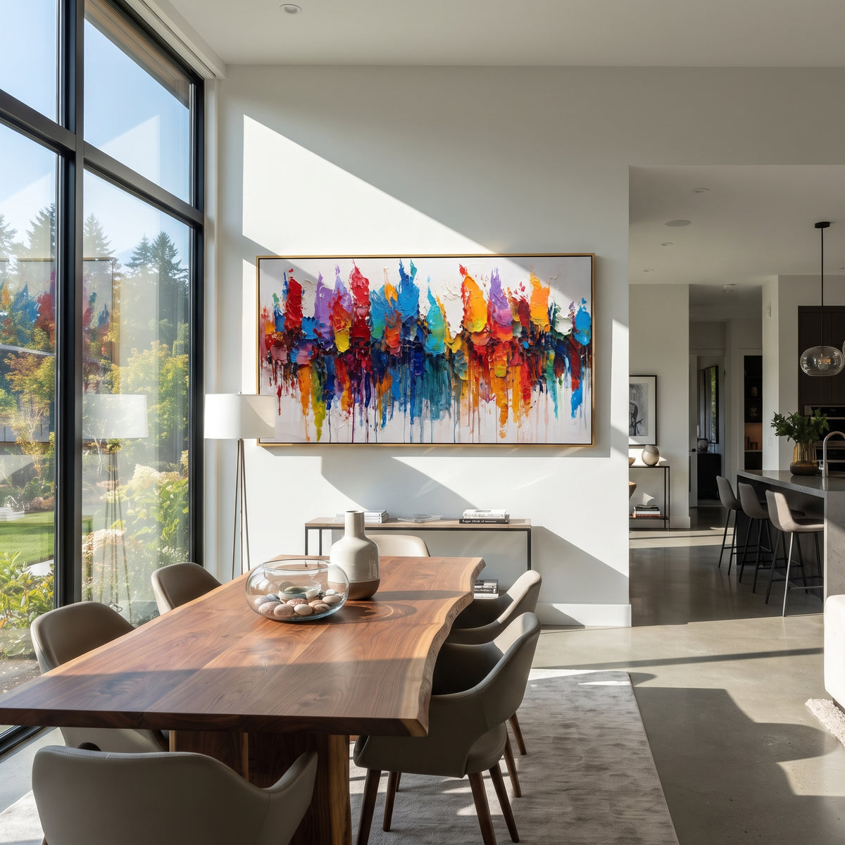City Color After Rain colorful skyline abstract painting displayed in a styled interior