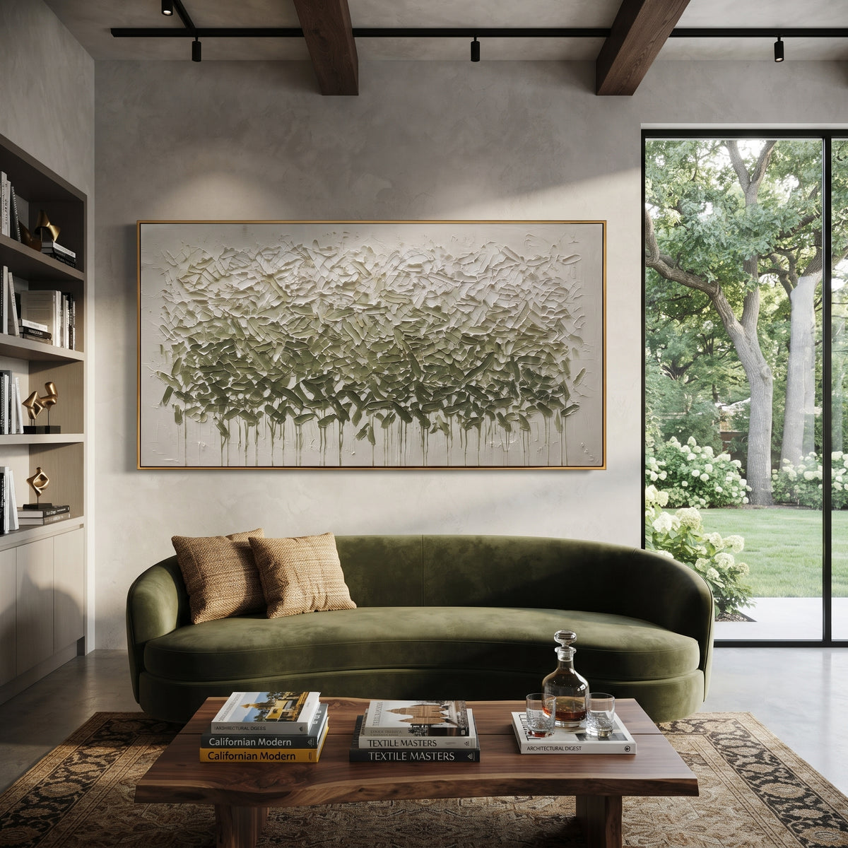 Sage Canopy Drifts sage green tree canopy textured painting displayed in a styled interior