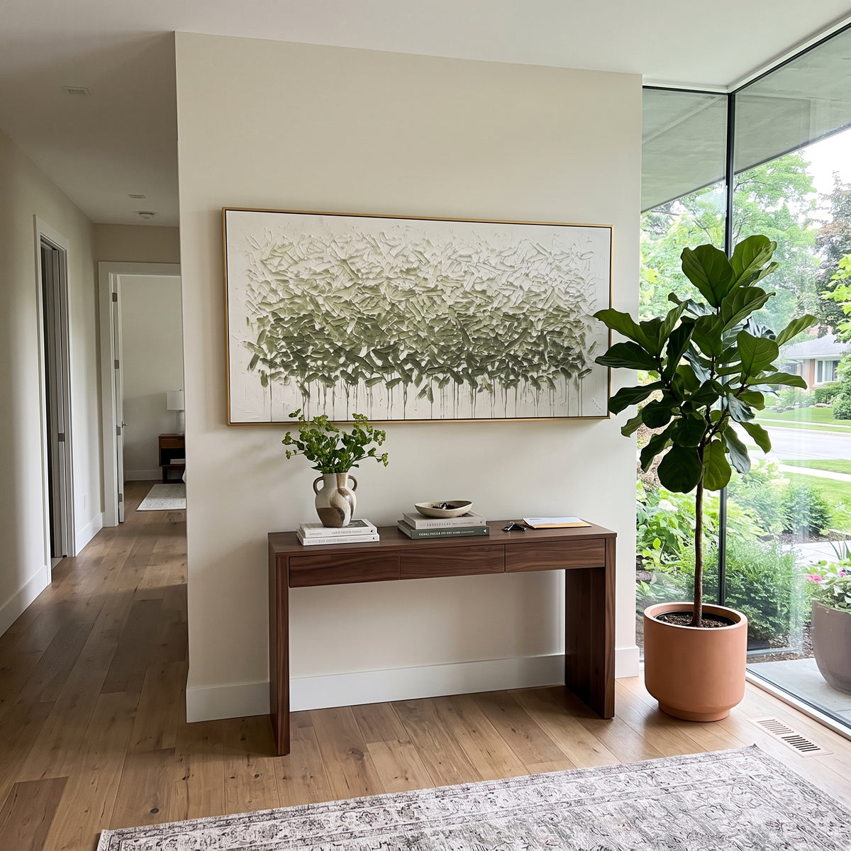 Sage Canopy Drifts wall art shown above contemporary furnishings