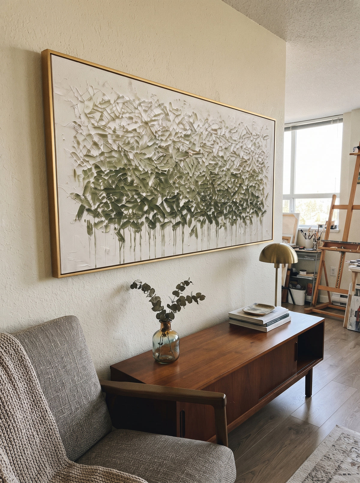 Sage Canopy Drifts artwork styled as a refined interior focal point