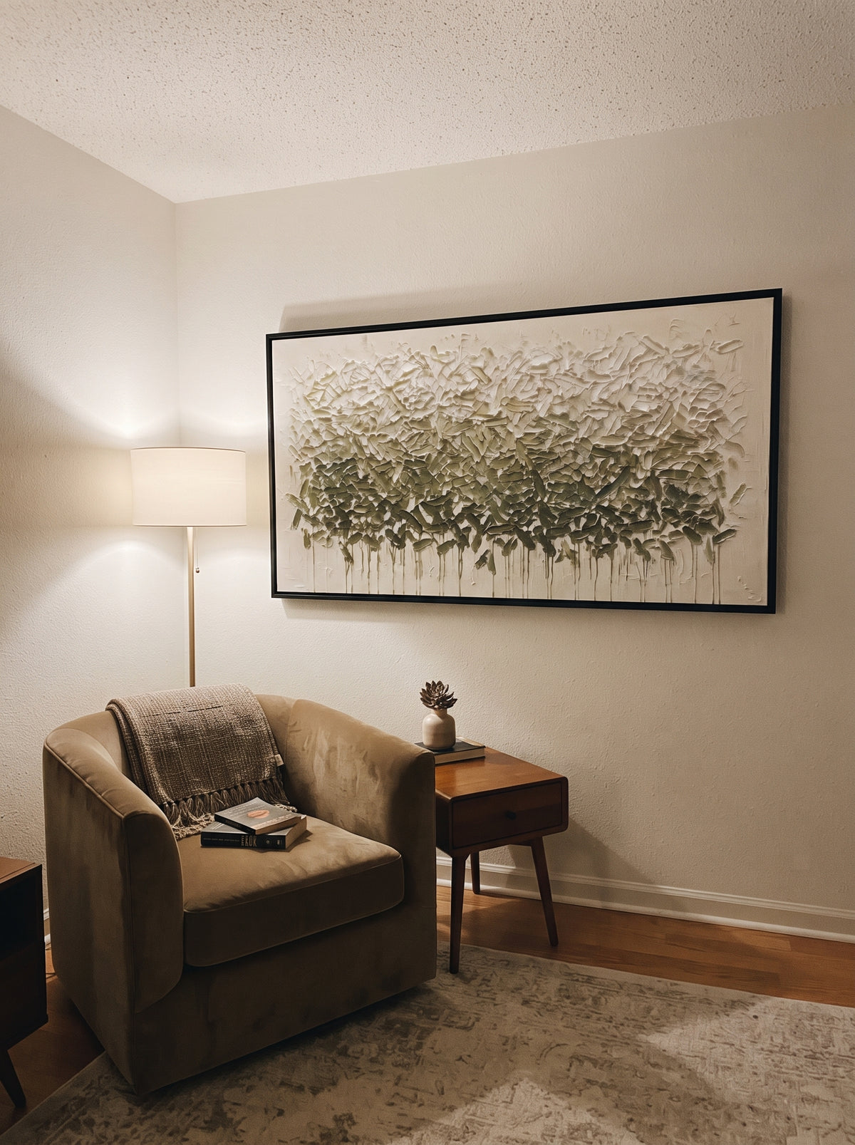 Sage Canopy Drifts displayed with natural materials and quiet decor