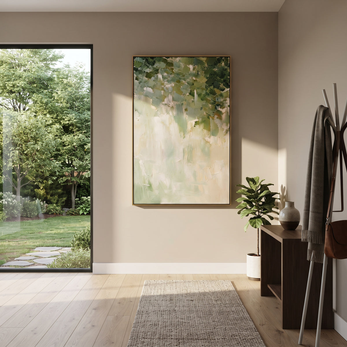 Leaves Above Quiet Mist sage green botanical abstract painting displayed in a styled interior