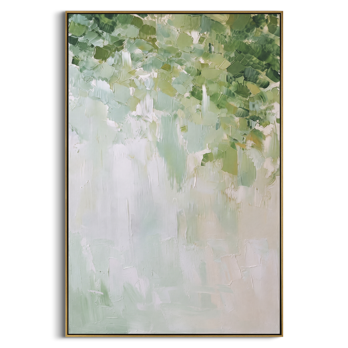Leaves Above Quiet Mist vertical painting in a wood frame on a white background