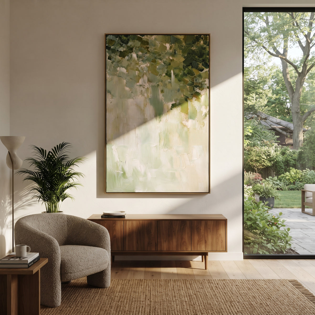 Leaves Above Quiet Mist wall art shown above contemporary furnishings