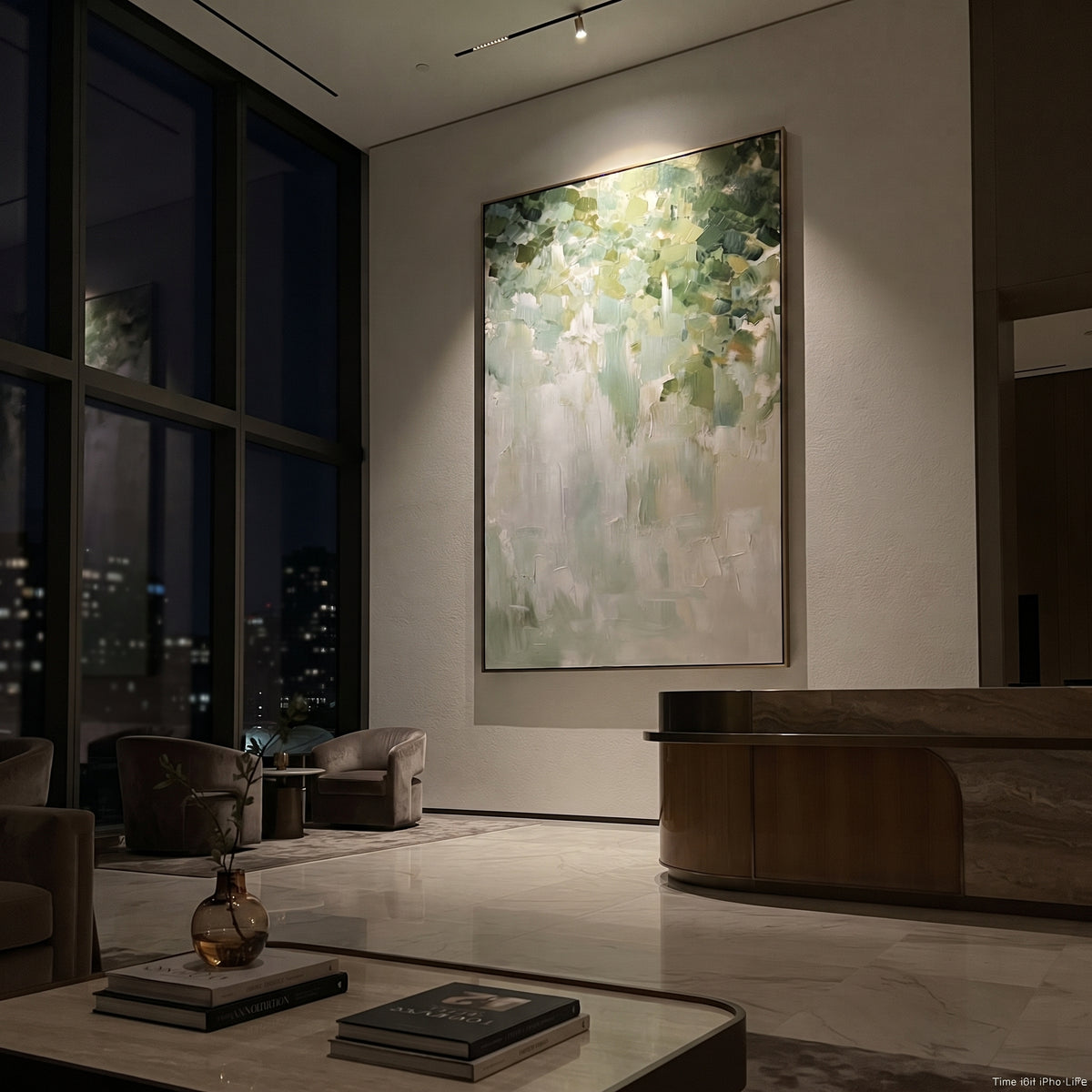 Leaves Above Quiet Mist artwork styled as a refined interior focal point