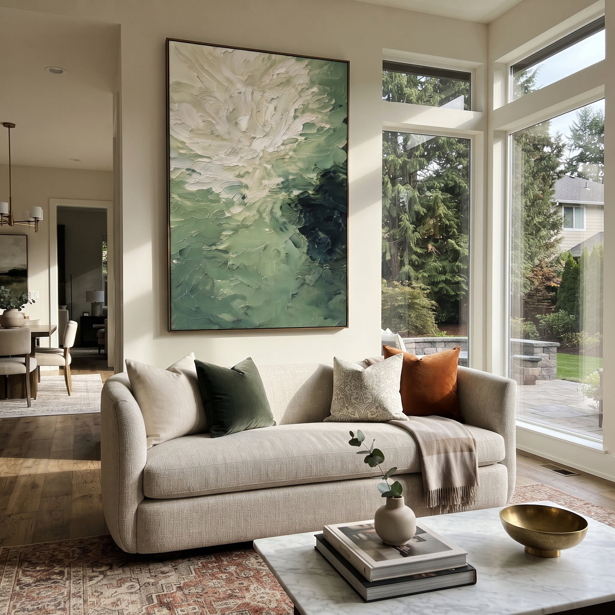 Ivory Bloom Unfolds white sage floral texture painting displayed in a styled interior
