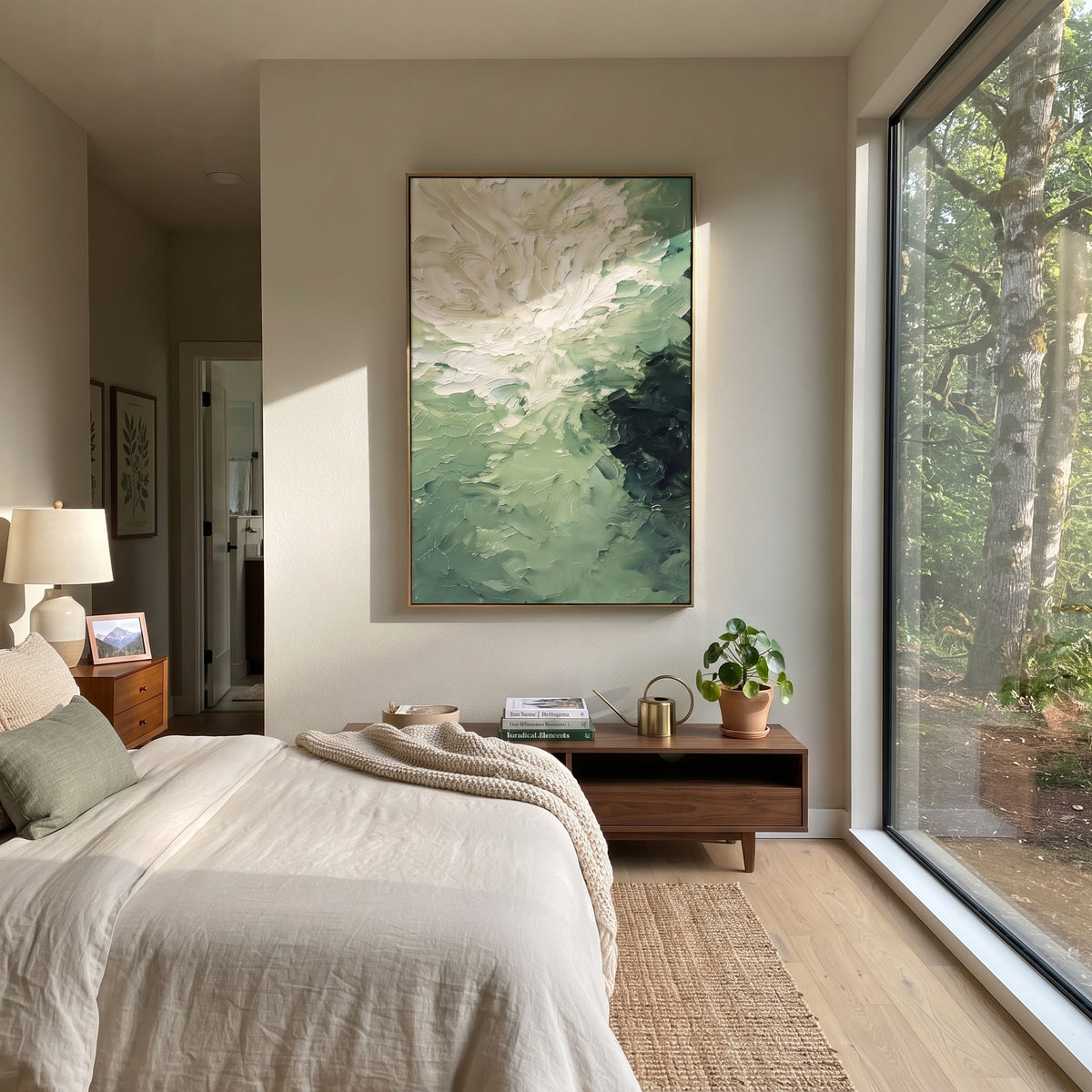 Ivory Bloom Unfolds wall art shown above contemporary furnishings