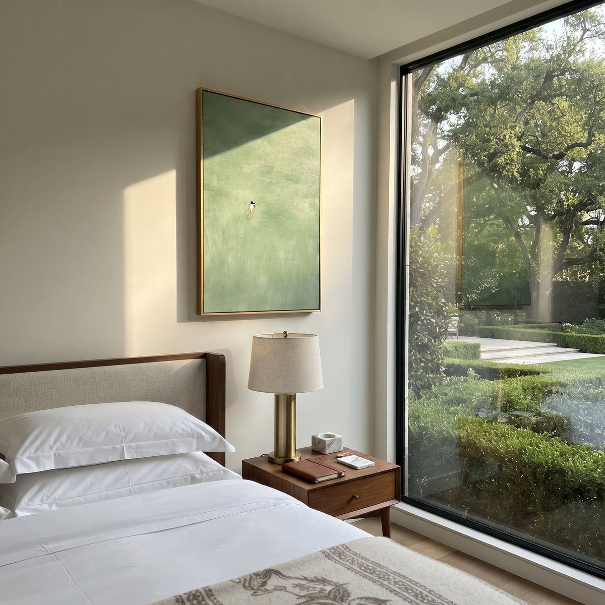 Solo Swim Through Sage minimalist swimmer sage green painting displayed in a styled interior