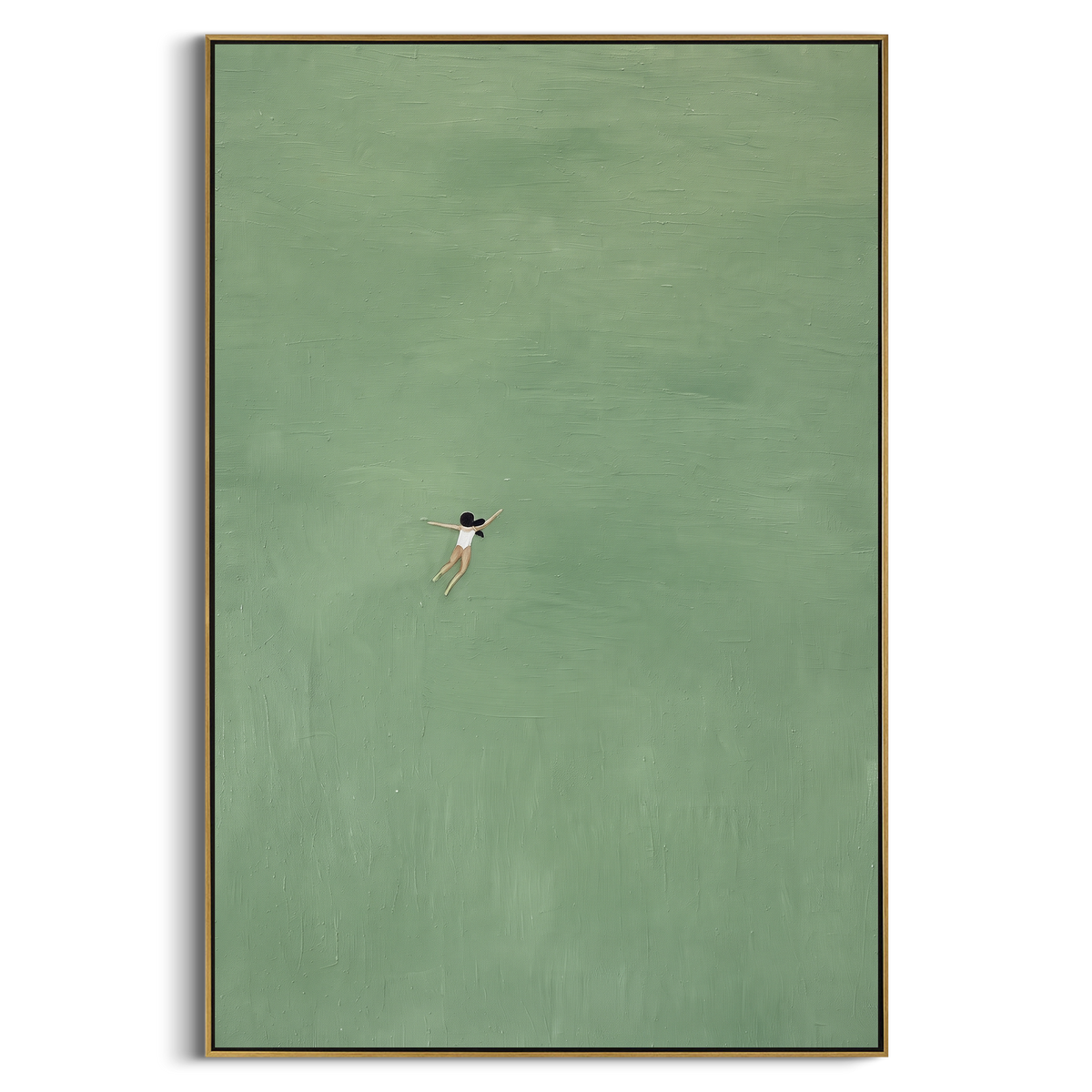 Solo Swim Through Sage vertical painting in a wood frame on a white background