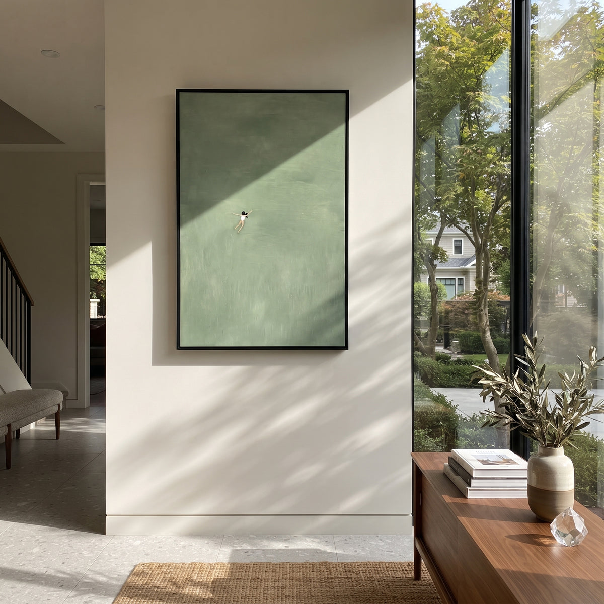 Solo Swim Through Sage wall art shown above contemporary furnishings