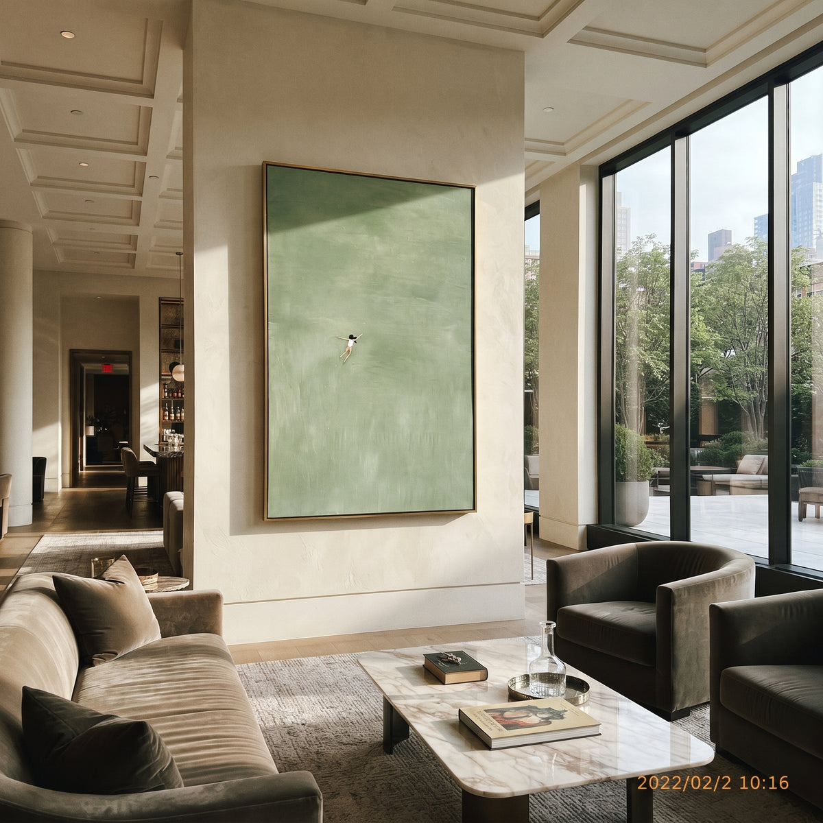 Solo Swim Through Sage painting presented in an alternate room setting