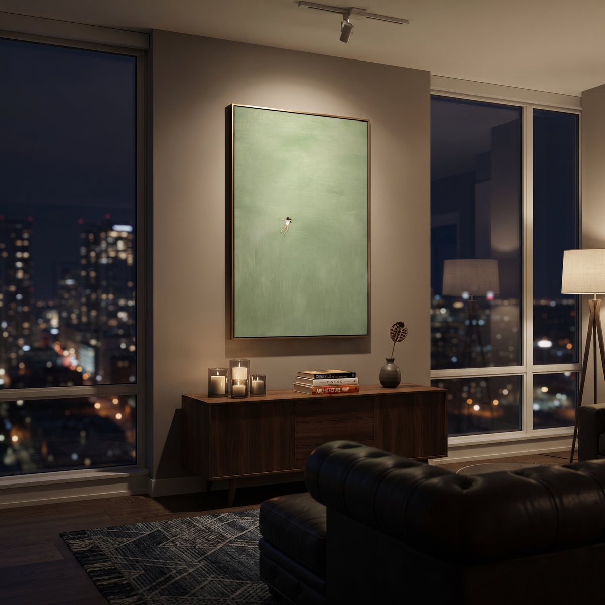 Solo Swim Through Sage artwork styled as a refined interior focal point
