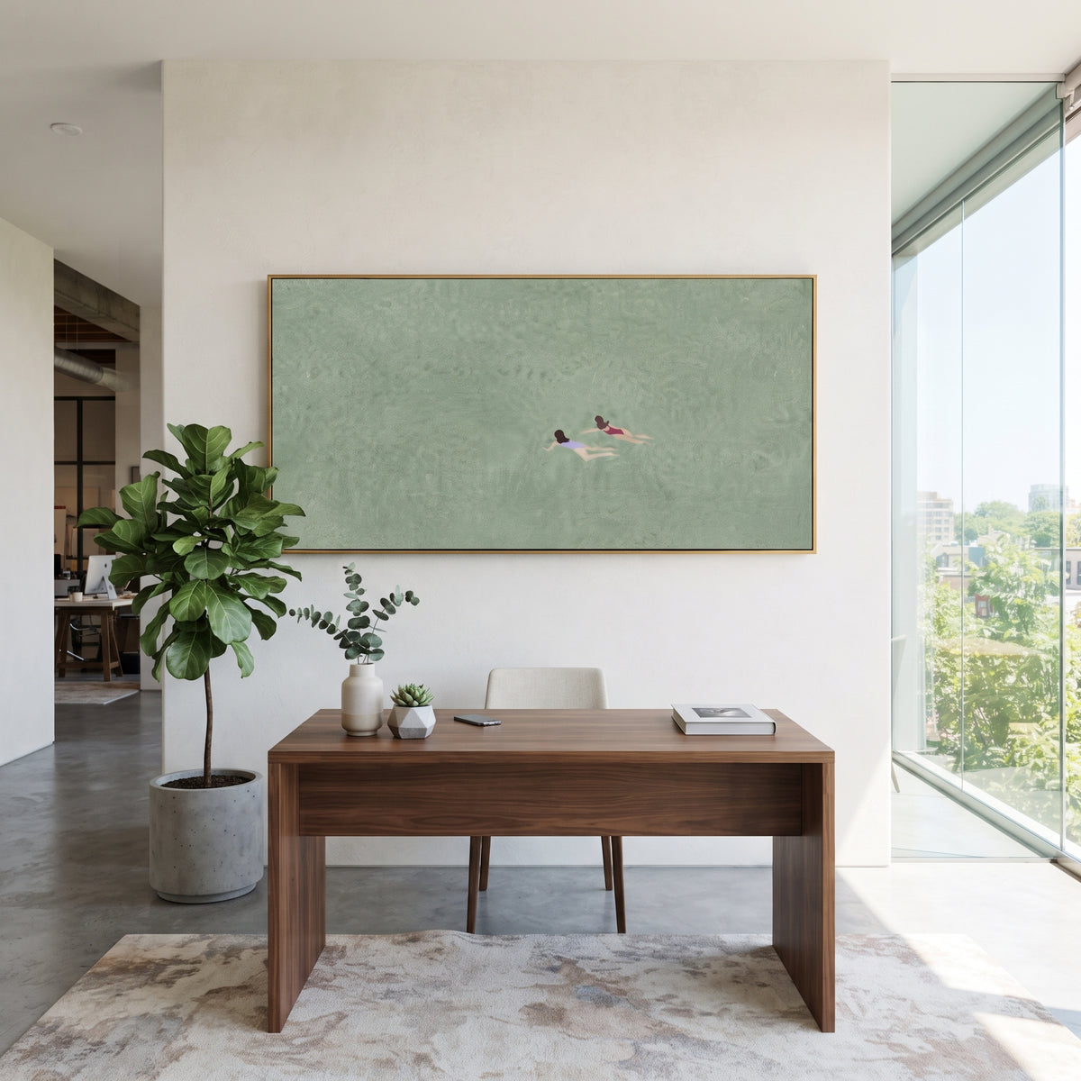Two Swimmers Share Silence minimalist swimmers sage green painting displayed in a styled interior