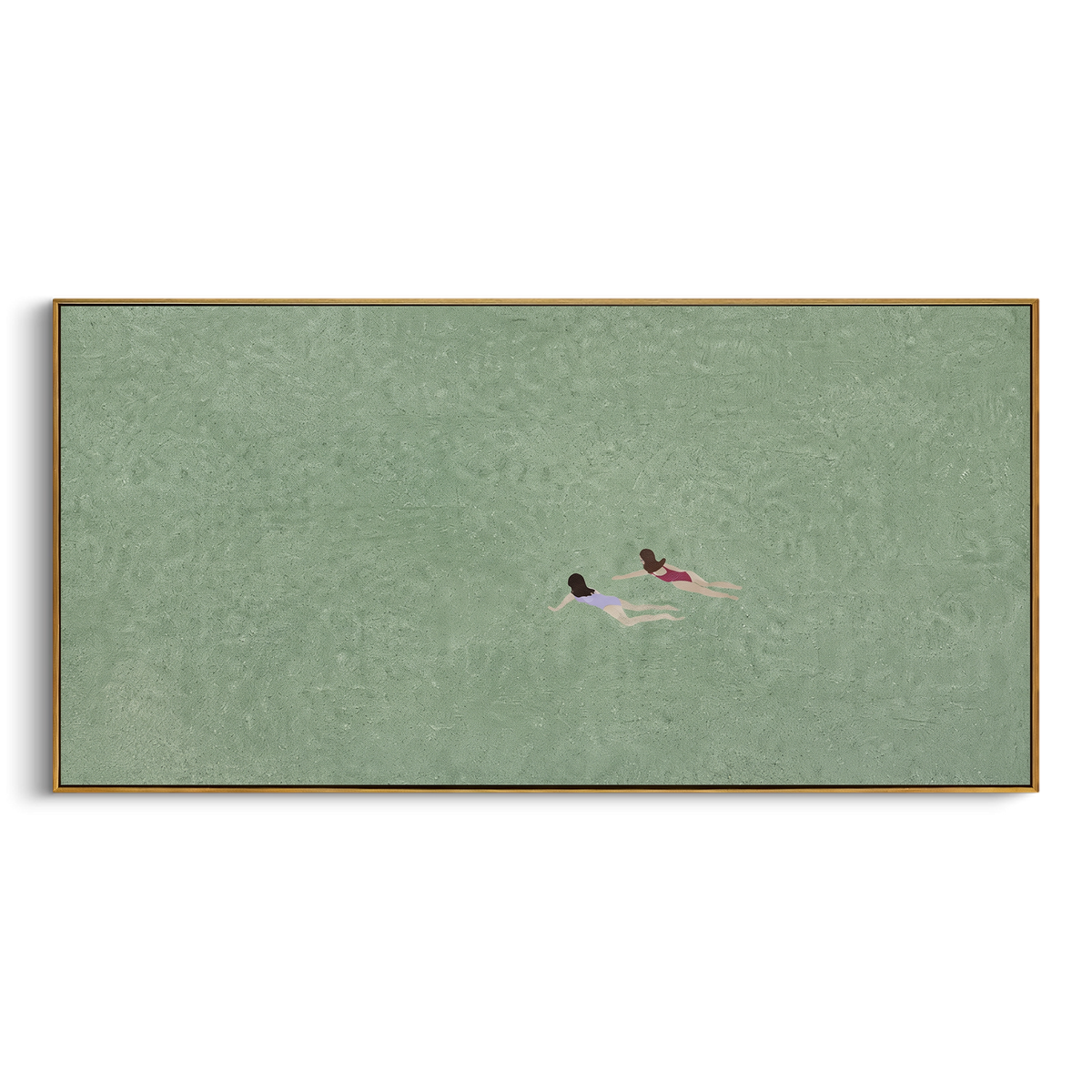 Two Swimmers Share Silence wide panoramic painting in a wood frame on a white background