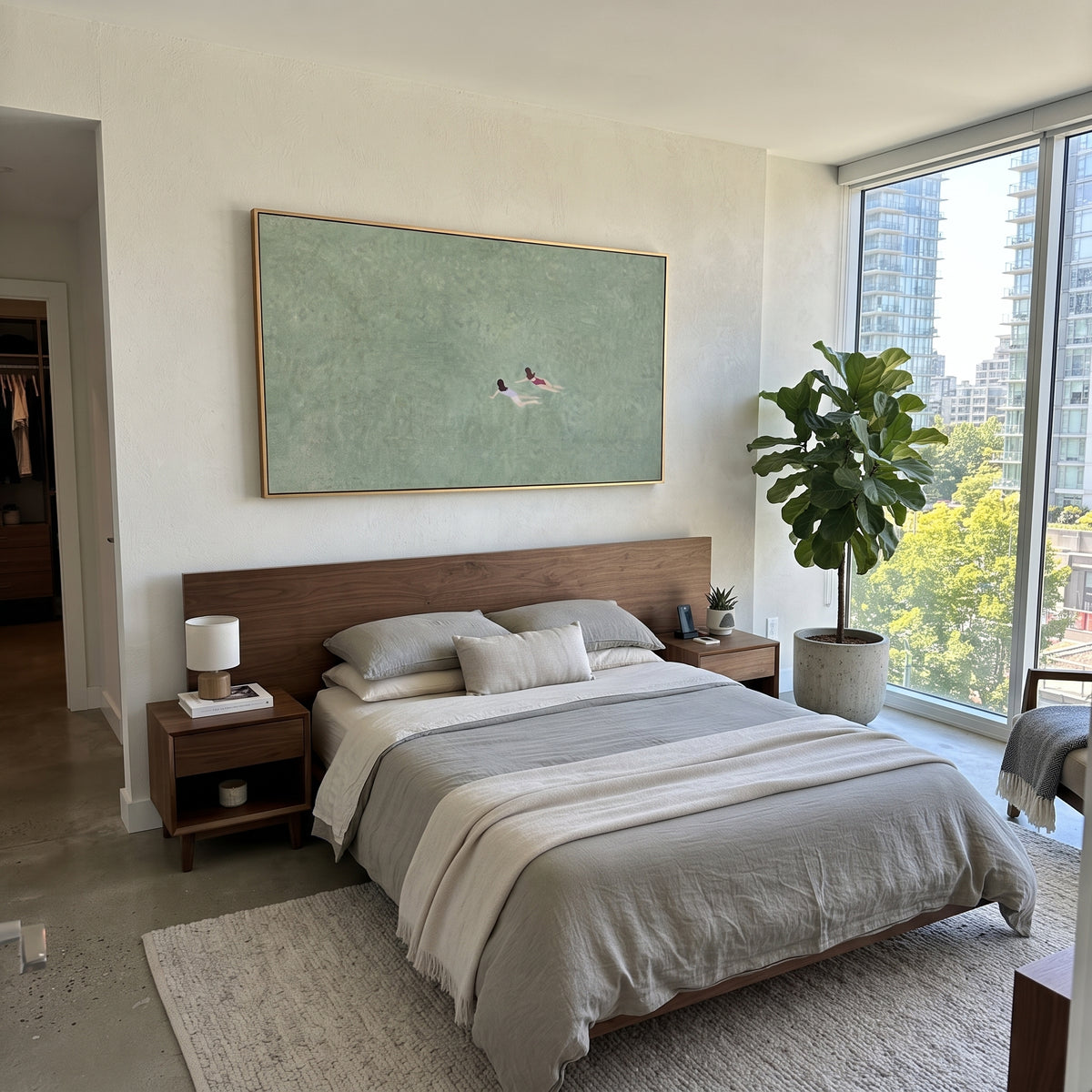 Two Swimmers Share Silence wall art shown above contemporary furnishings