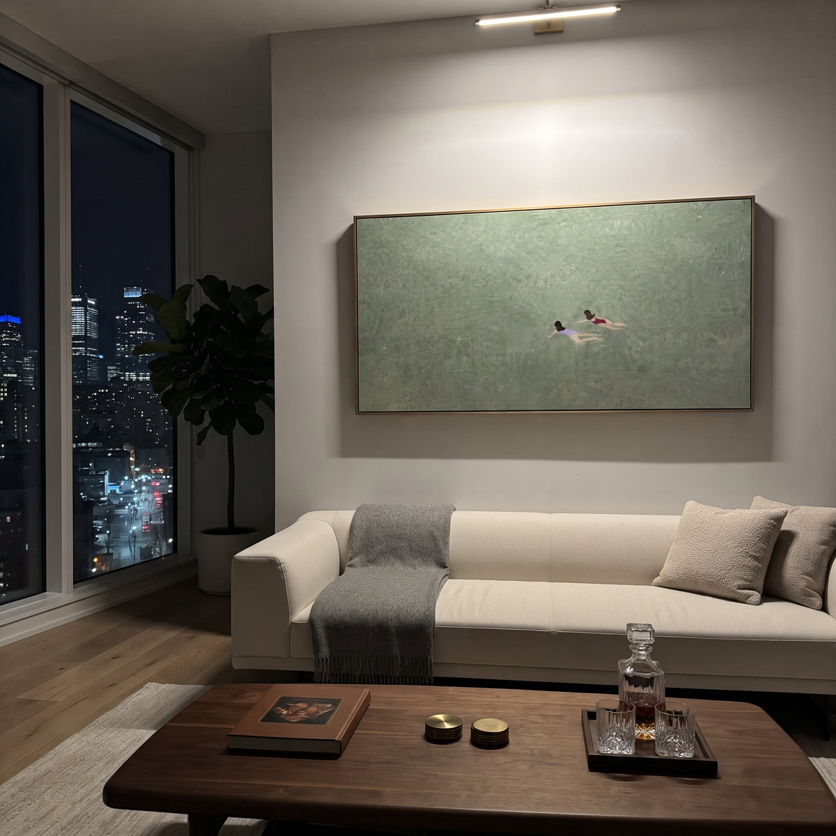Two Swimmers Share Silence artwork styled as a refined interior focal point