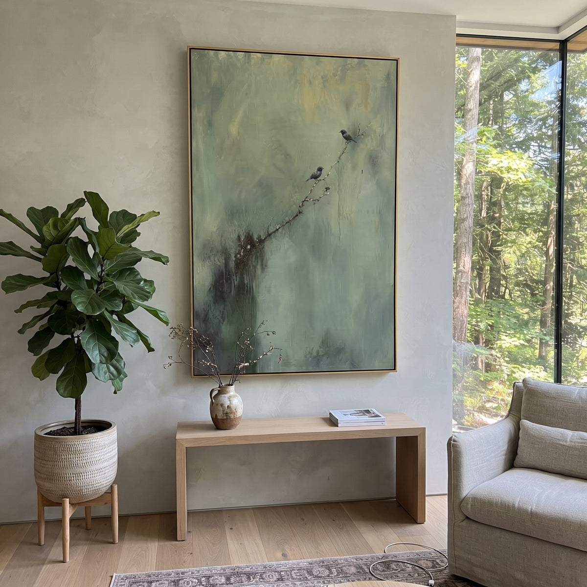Birdsong Along Mist sage green birds on branch painting displayed in a styled interior