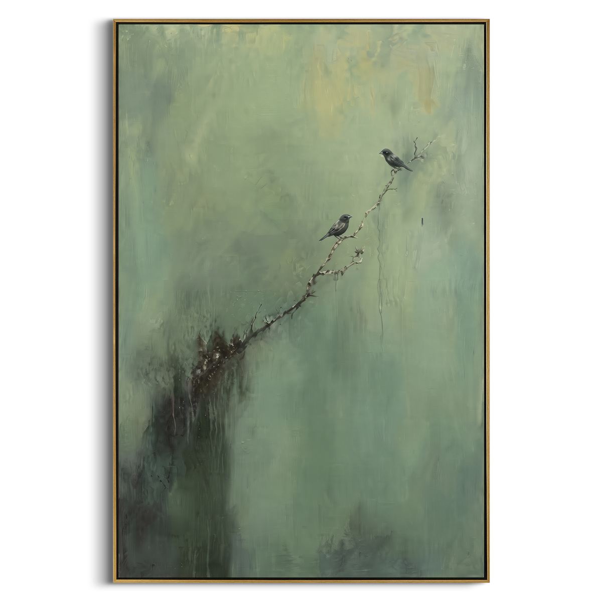 Birdsong Along Mist vertical painting in a wood frame on a white background