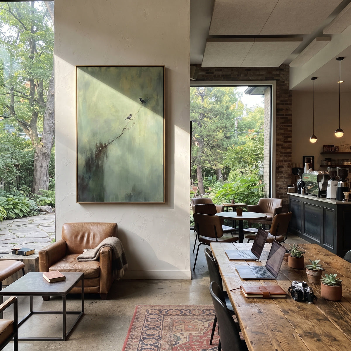 Birdsong Along Mist wall art shown above contemporary furnishings