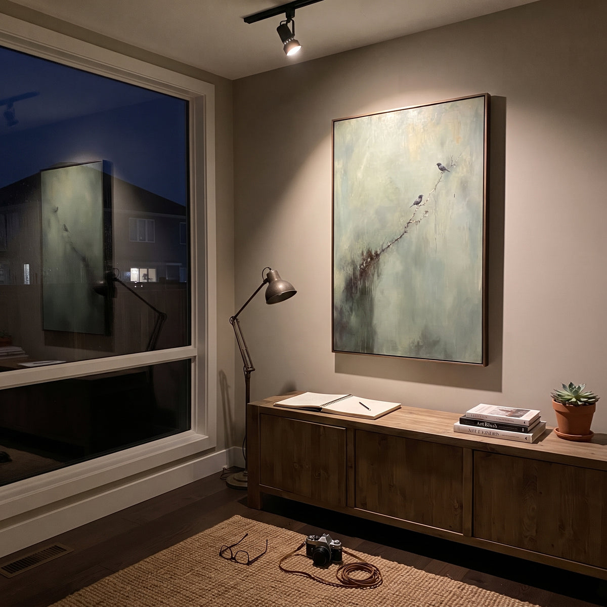 Birdsong Along Mist displayed with natural materials and quiet decor