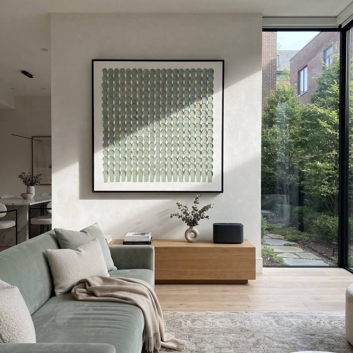 Sage Rhythm Repeats sage green geometric texture painting displayed in a styled interior