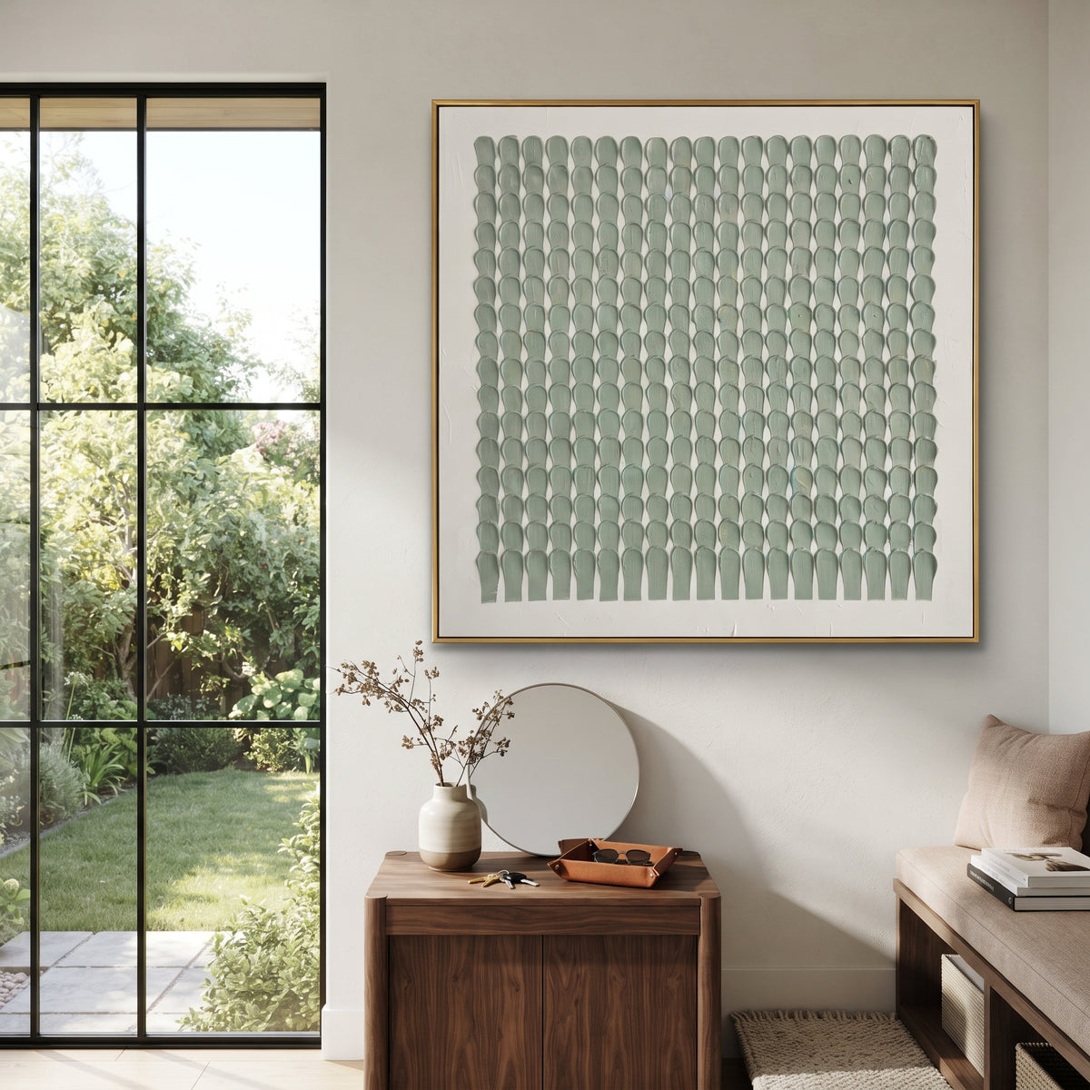 Sage Rhythm Repeats wall art shown above contemporary furnishings