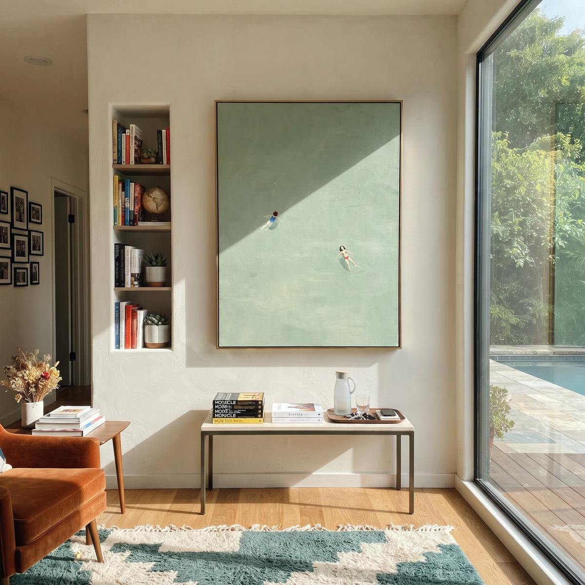 Drifting Together in Sage minimalist pair swimming painting displayed in a styled interior