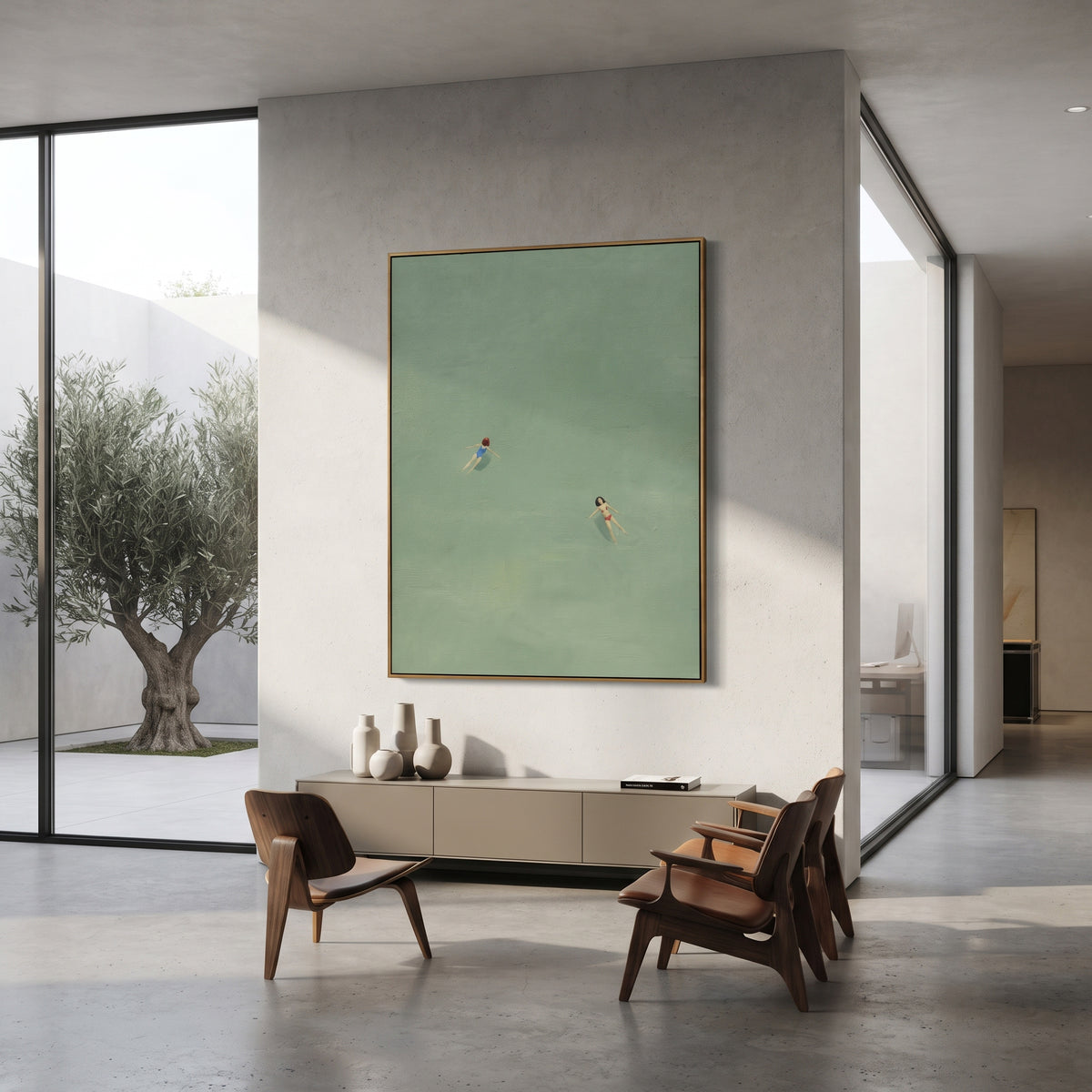 Drifting Together in Sage painting presented in an alternate room setting