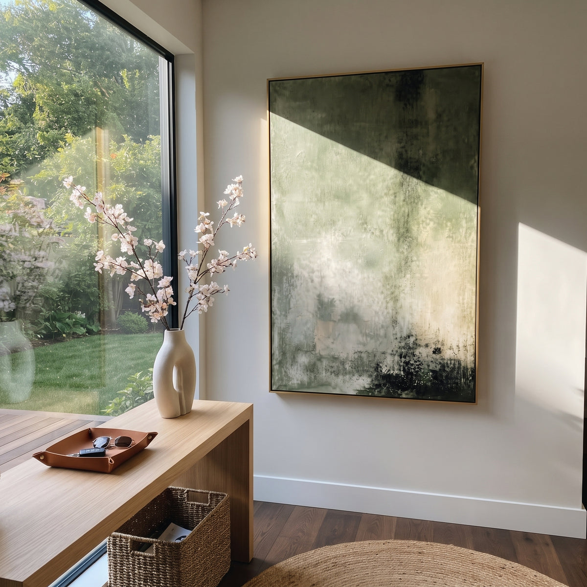 Forest Weather Descends dark sage atmospheric abstract painting displayed in a styled interior