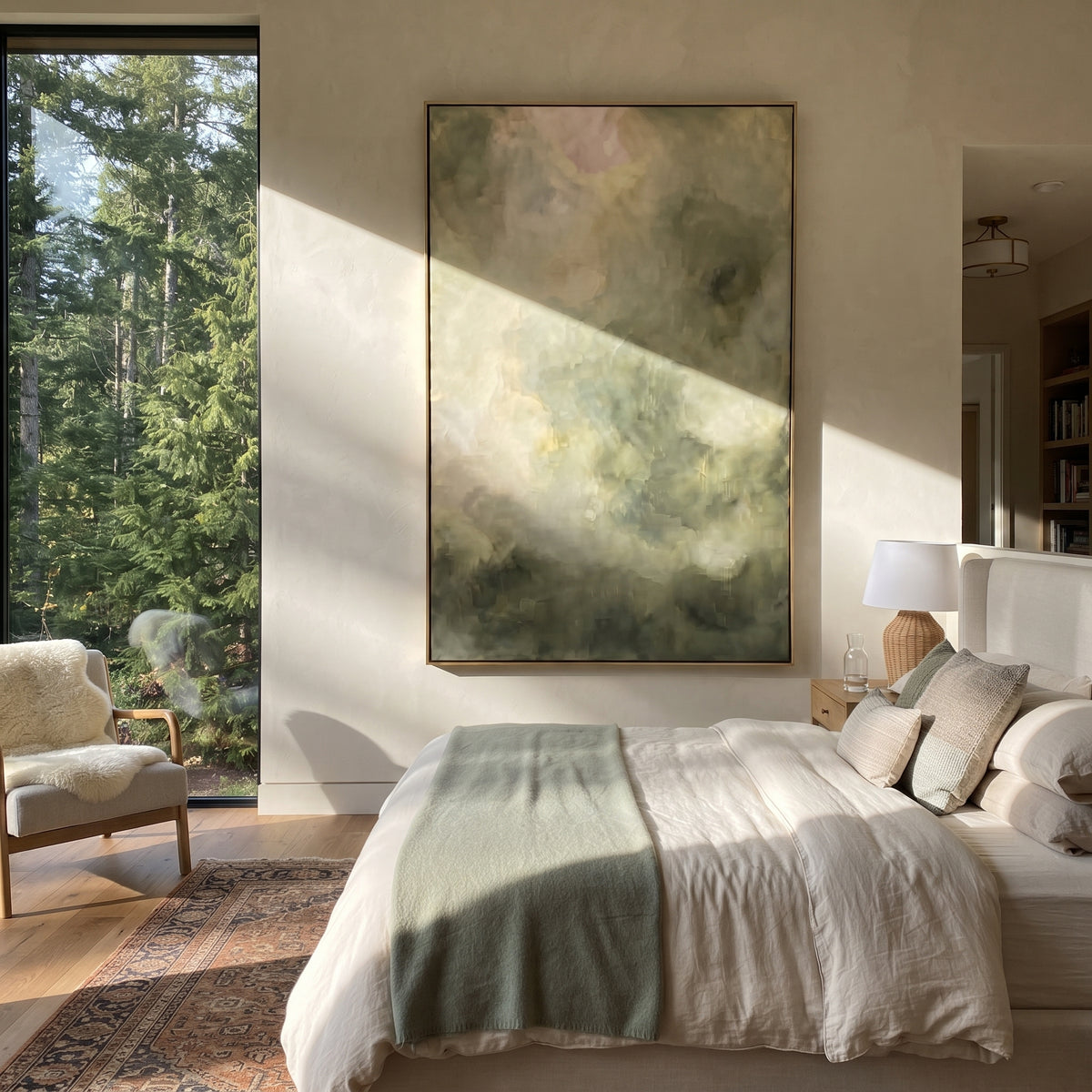 Mist Holds Green Hills misty sage landscape painting displayed in a styled interior