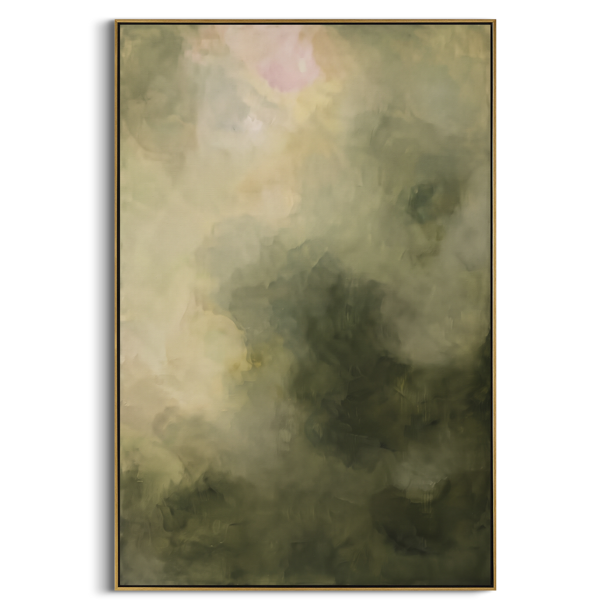 Mist Holds Green Hills vertical painting in a wood frame on a white background