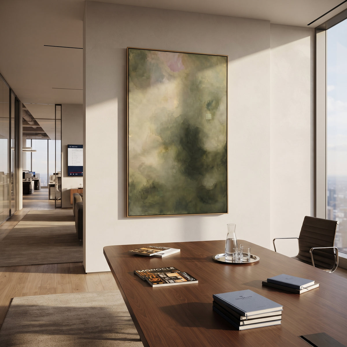 Mist Holds Green Hills wall art shown above contemporary furnishings