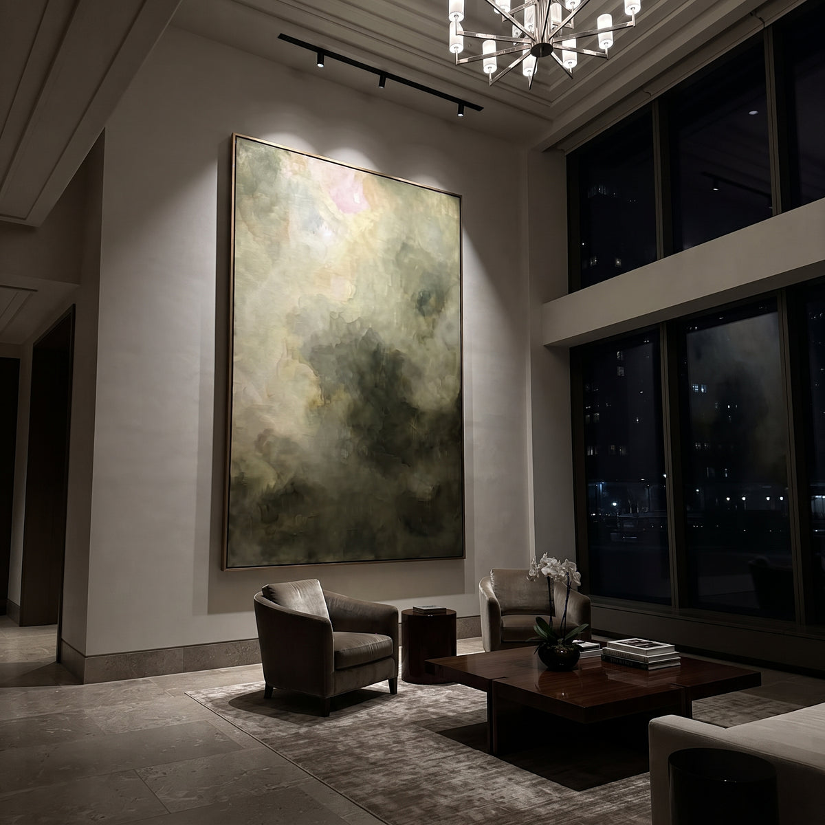 Mist Holds Green Hills artwork styled as a refined interior focal point