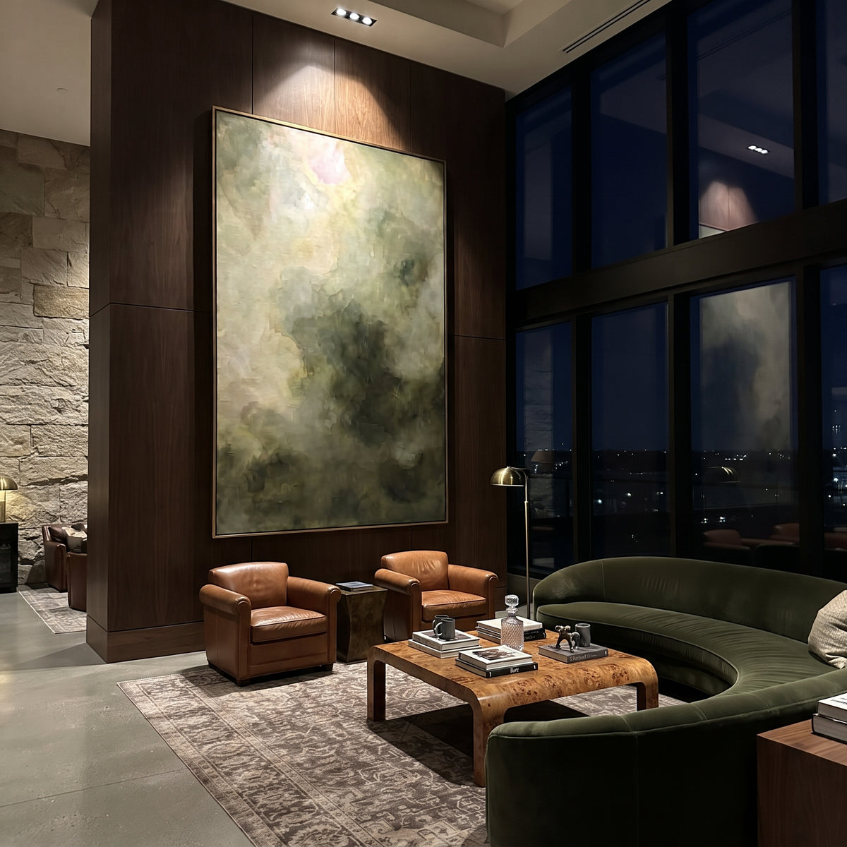 Mist Holds Green Hills displayed with natural materials and quiet decor