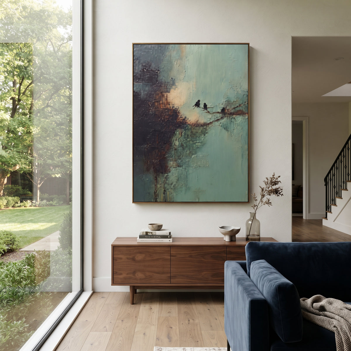 Two Birds Hold Dawn bird pair sage abstract painting displayed in a styled interior