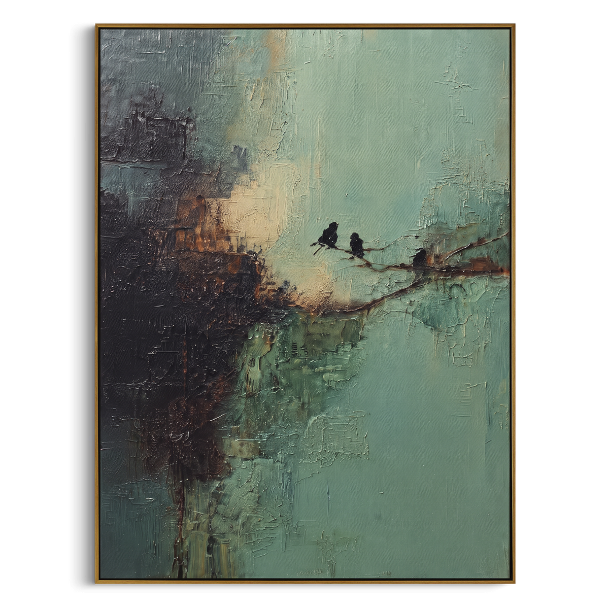 Two Birds Hold Dawn vertical painting in a wood frame on a white background