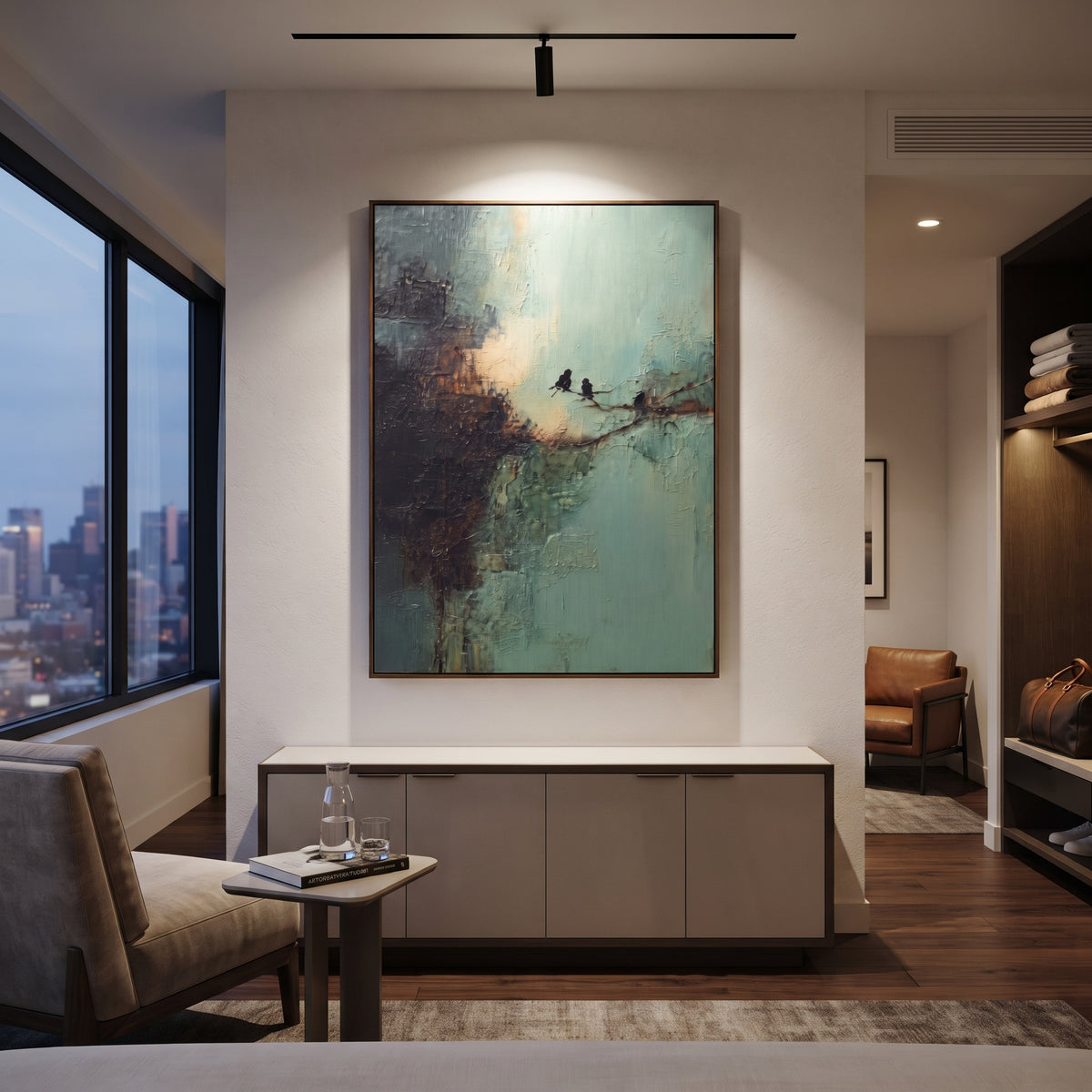 Two Birds Hold Dawn wall art shown above contemporary furnishings